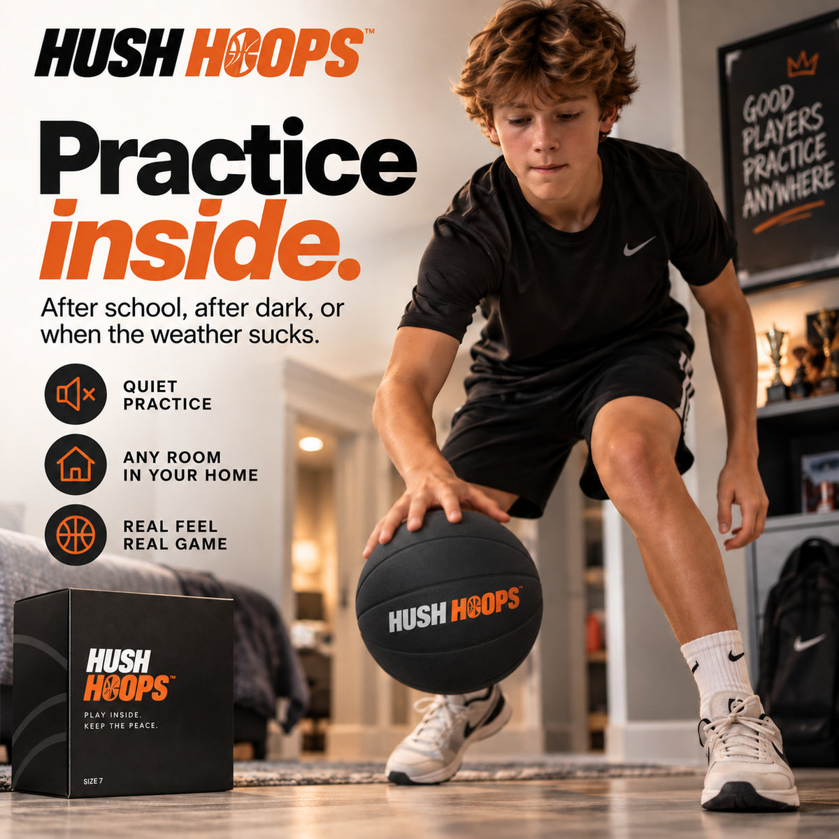 Indoor dribbling practice with a black Hush Hoops basketball and branded box.