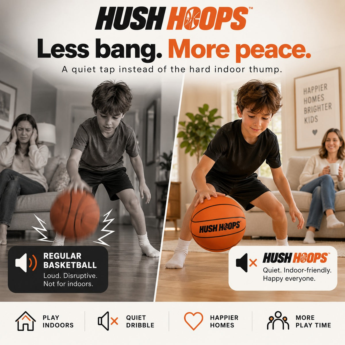 Regular basketball compared with Hush Hoops for quieter indoor dribbling.