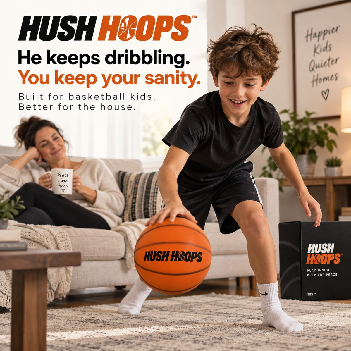 A child dribbling Hush Hoops while his mom relaxes in the living room.