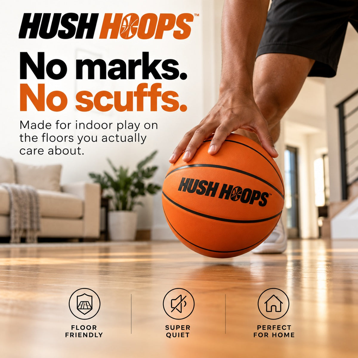 Hush Hoops basketball in use on a clean hardwood floor.