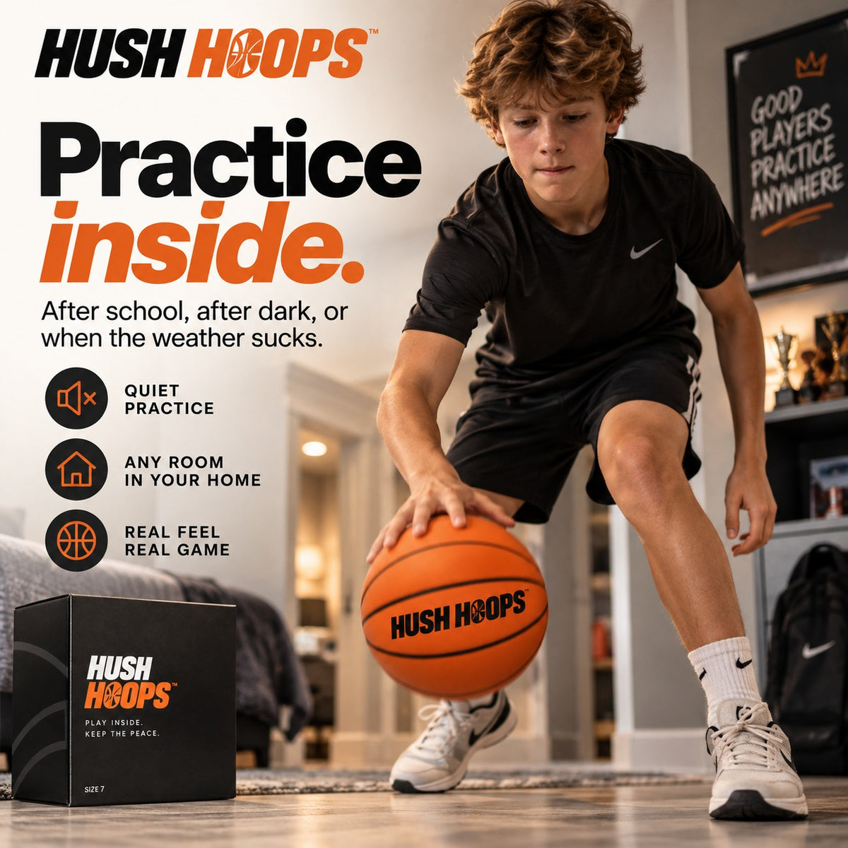 A child practicing dribbling at home with a Hush Hoops basketball.