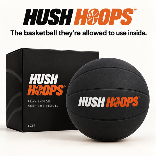 Black Hush Hoops quiet indoor basketball with branded box on a white background.