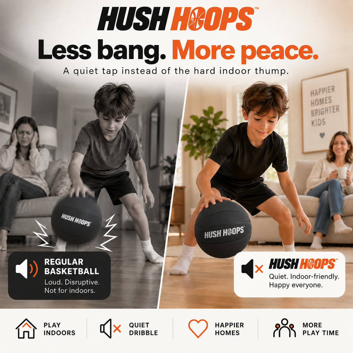 Hush Hoops indoor basketball comparison graphic: Less bang. More peace.